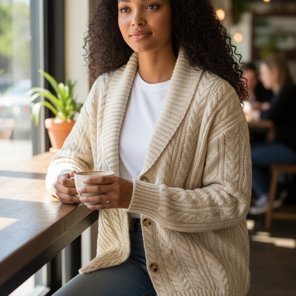 Van Heusen Cream Cable Knit Sweater‎ Cardigan Ladies XL Grandpa Core - Picture 3 of 14